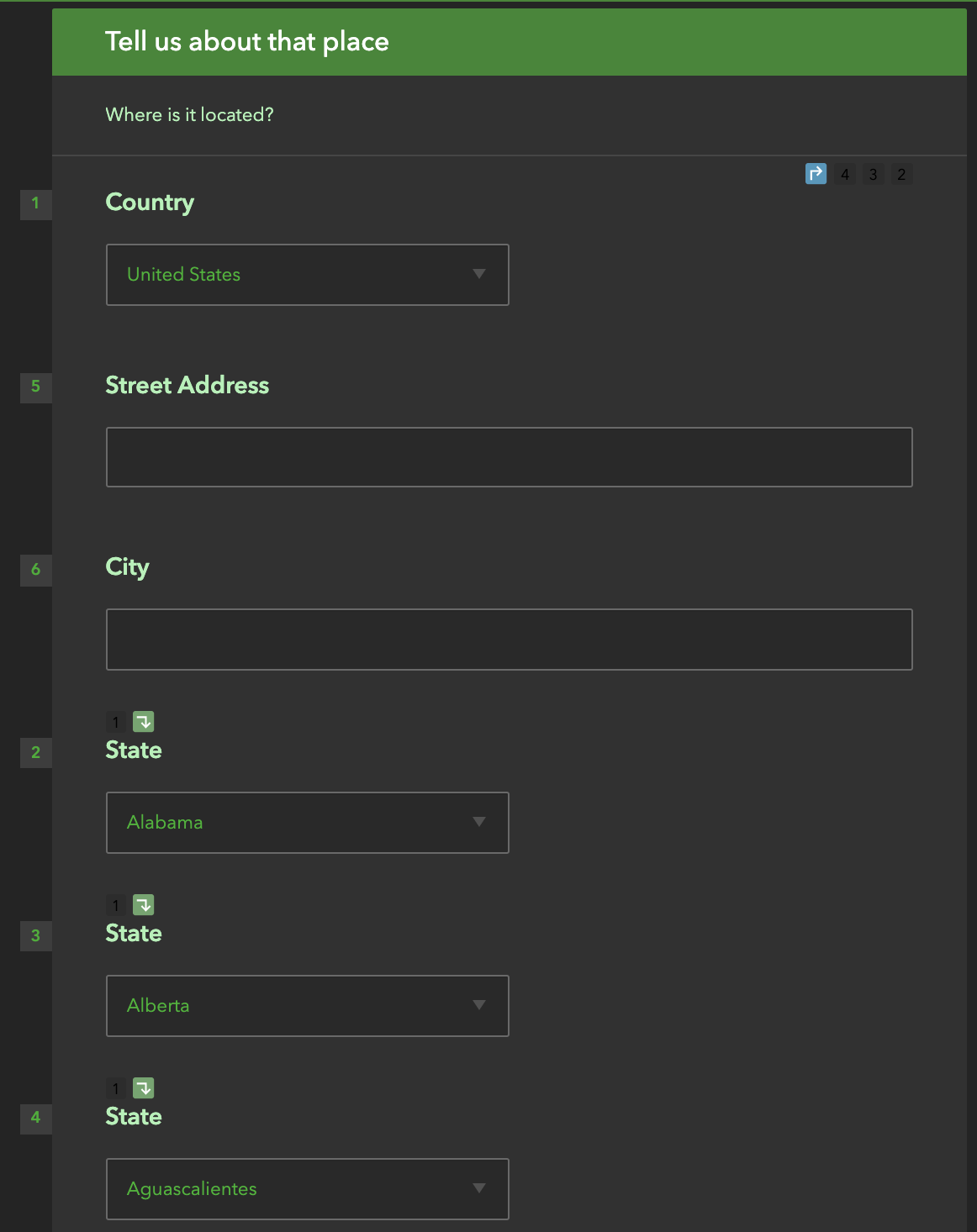 basic address capture form with country field and a state field for each country